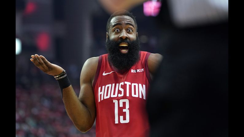 Houston Rockets guard James Harden reacts to an official's call during the first half in Game Five of an NBA basketball playoff series against the Utah Jazz, in Houston on Wednesday, April 24.
