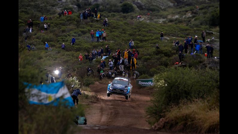 Finnish driver Teemu Suninen steers his Ford Fiesta WRC with his compatriot co-driver Marko Salminen during the shakedown stage of the WRC Argentina 2019 near Cabalango, Argentina, on Thursday, April 25.
