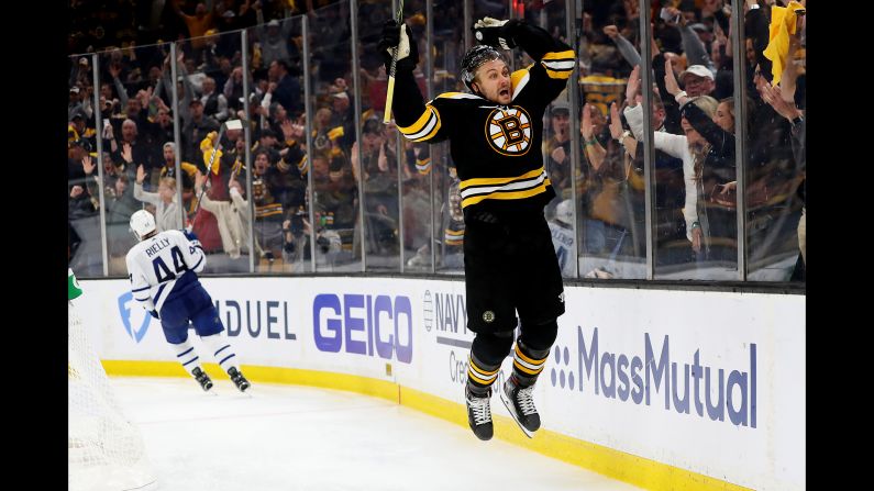 Sean Kuraly of the Boston Bruins celebrates after scoring a goal against the Toronto Maple Leafs during the third period of Game Seven of the Eastern Conference First Round during the 2019 NHL Stanley Cup Playoffs at TD Garden on Tuesday, April 23.