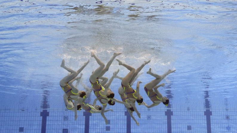 France's swimmers perform the podium of the Team Technical Routine Final of FINA Artistic Swimming World Series Tokyo, Japan Open, at Tokyo Tatsumi International Swimming Center in Tokyo on Saturday, April 27.