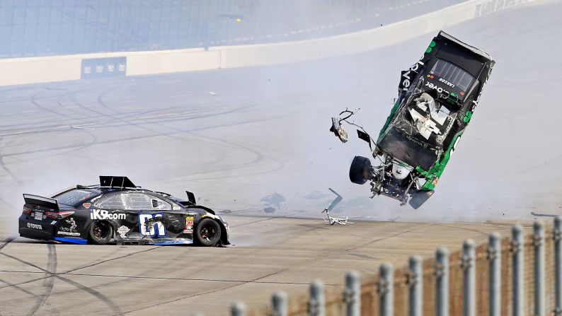 NASCAR Cup Series driver Kyle Larson and NASCAR Cup Series driver Jeffrey Earnhardt wreck during the GEICO 500 at Talladega Superspeedway in Talladega, Alabama, on Sunday, April 28.