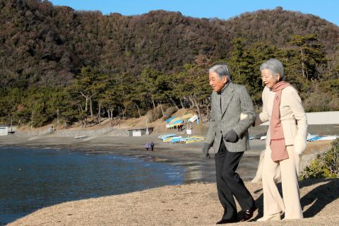 Akihito and Michiko stroll outside the imperial villa in Hayama, Japan, in January 2019.