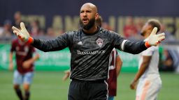 ATLANTA, GEORGIA - APRIL 27:  Goalkeeper Tim Howard #1 of Colorado Rapids reacts in the second half against the Atlanta United at Mercedes-Benz Stadium on April 27, 2019 in Atlanta, Georgia. (Photo by Kevin C. Cox/Getty Images)