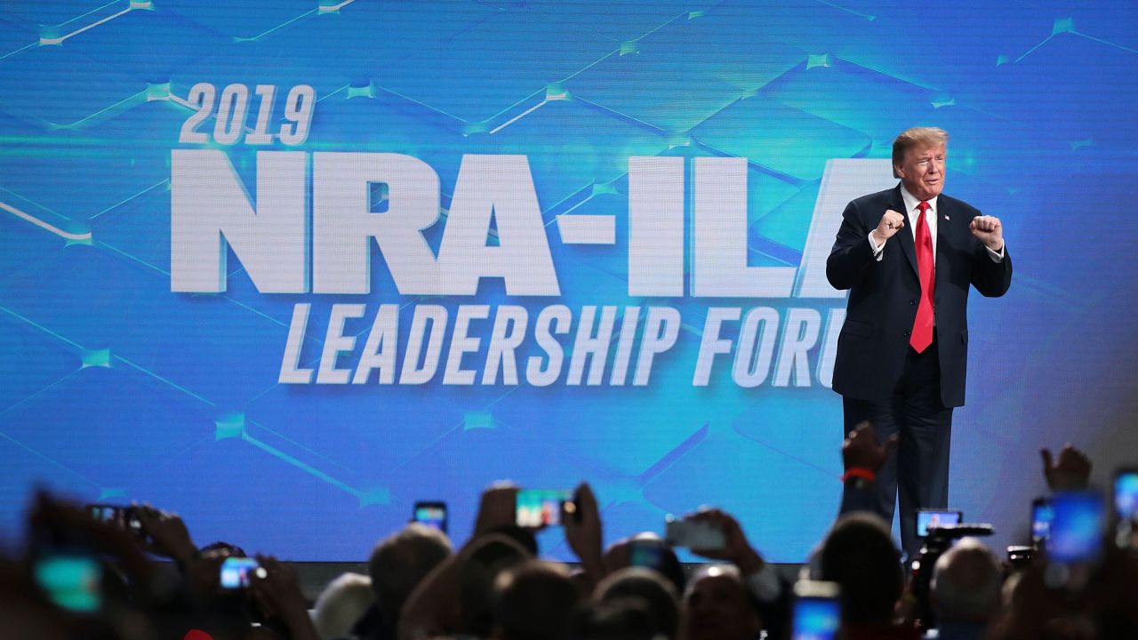 INDIANAPOLIS, INDIANA - APRIL 26:  US President Donald Trump gestures to guests at the NRA-ILA Leadership Forum at the 148th NRA Annual Meetings & Exhibits on April 26, 2019 in Indianapolis, Indiana. The convention, which runs through Sunday, features more than 800 exhibitors and is expected to draw 80,000 guests. (Photo by Scott Olson/Getty Images)