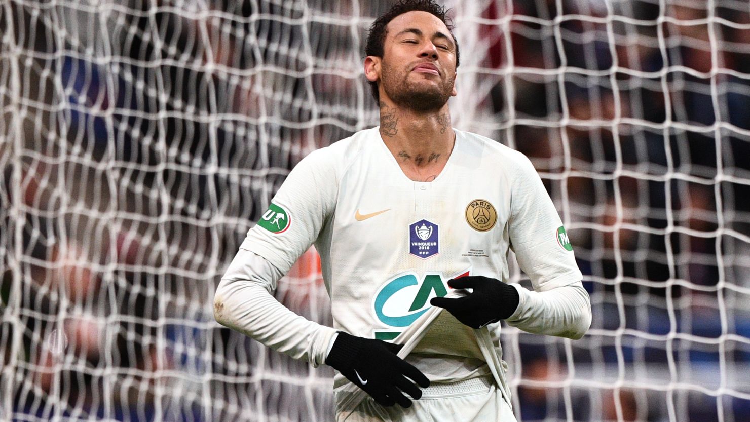 Paris Saint-Germain's Brazilian forward Neymar reacts after missing a shot on goal  during the French Cup final on Saturday at the Stade de France in Saint-Denis, outside Paris. 