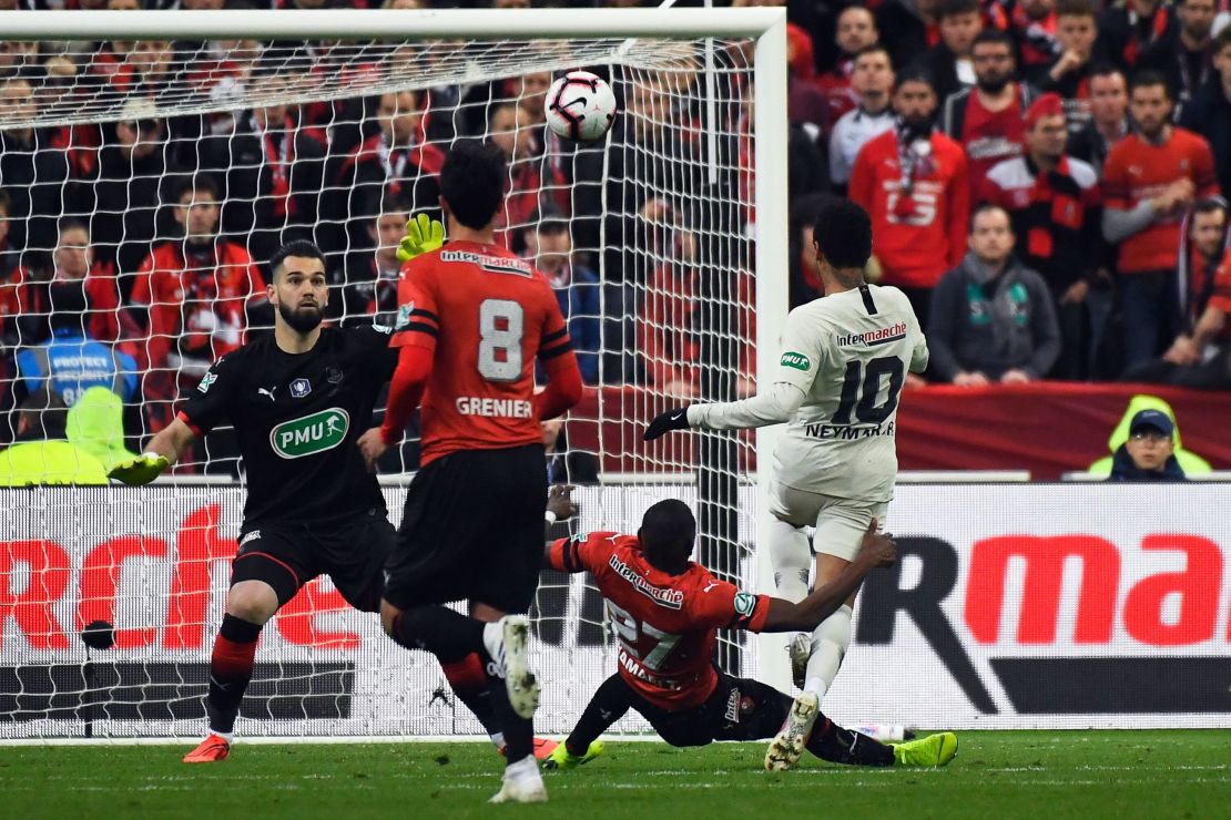 Neymar scores during the final against Rennes.