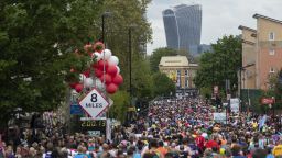 Runners at the 8 mile marker with a view of the Walkie Talkie building in the background. The Virgin Money London Marathon, 28 April 2019.

Photo: Jed Leicester for Virgin Money London Marathon

For further information: media@londonmarathonevents.co.uk