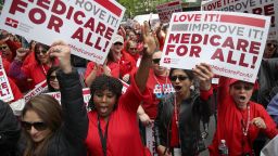 Protesters supporting "Medicare for All" hold a rally outside PhRMA headquarters April 29, 2019 in Washington, DC. The rally was held by the group Progressive Democrats of America.
