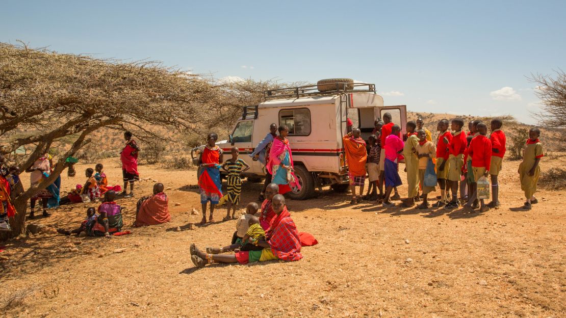 The mobile clinic visits once a month.