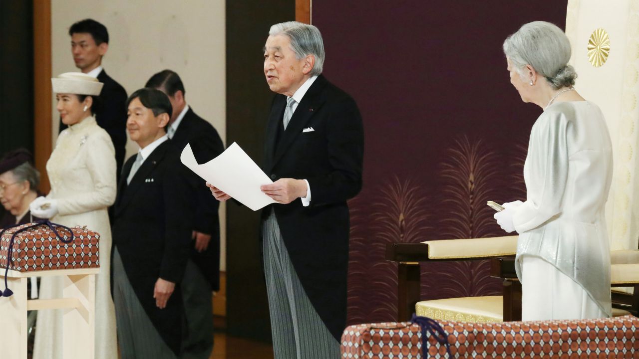 Japan's Emperor Akihito speaks during the ceremony of his abdication in front of other members of the royal families and top government officials at the Imperial Palace in Tokyo, Tuesday, April 30, 2019. The 85-year-old Akihito ends his three-decade reign on Tuesday as his son Crown Prince Naruhito, second from left, will ascend the Chrysanthemum throne on Wednesday. Empress Michiko is at right and Crown Princess Masako is at left.