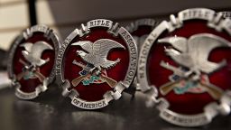 A National Rifle Association (NRA) logo hitch cover sits on display ahead of the NRA annual meeting in Dallas, Texas, U.S., on Thursday, May 3, 2018. When the NRA holds its annual meeting this weekend, the gathering will provide a window into the organization's message and strategy ahead of this year's midterm elections. Photographer: Daniel Acker/Bloomberg via Getty Images