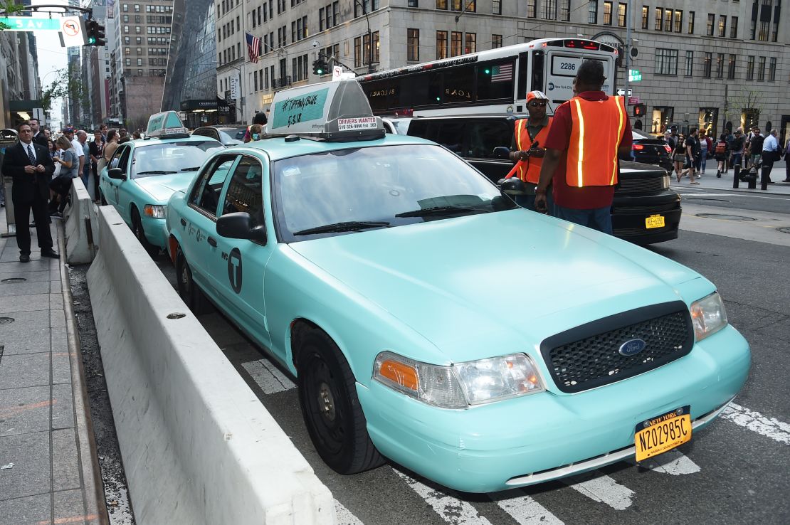 A taxi in Tiffany & Co.'s famous blue features as part of the company's Paper Flowers event and Believe in Dreams campaign launch on May 3, 2018 in New York City.