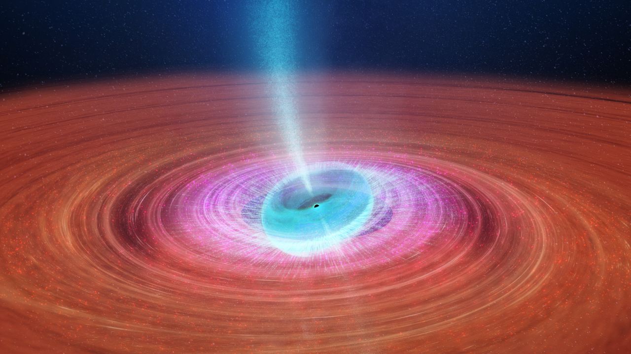 A picture of an animation of a black hole firing rapidly rotating jets