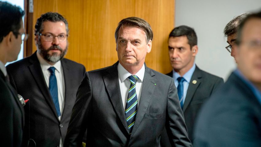 30 April 2019, Brazil, Brasilia: Jair Bolsonaro (M), President of Brazil, comes to meet Foreign Minister Maas. Maas is the first German government member to visit Brazil after the election of right-wing populist Jair Bolsonaro as president. Photo by: Fabian Sommer/picture-alliance/dpa/AP Images