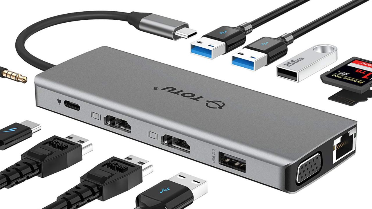 <strong>12-in-1 USB C Hub ($79.99; </strong><a href="https://www.amazon.com/TOTU-Triple-Display-Ethernet-Laptops/dp/B07Q9JXWTP/ref=as_li_ss_tl?keywords=USB+.+C+hub&qid=1556654580&s=electronics&sr=1-7&linkCode=ll1&tag=06185startech-20&linkId=e88bd44331fcf4c59ff2be5556bd8111&language=en_US" target="_blank" target="_blank"><strong>amazon.com</strong></a><strong>)</strong>