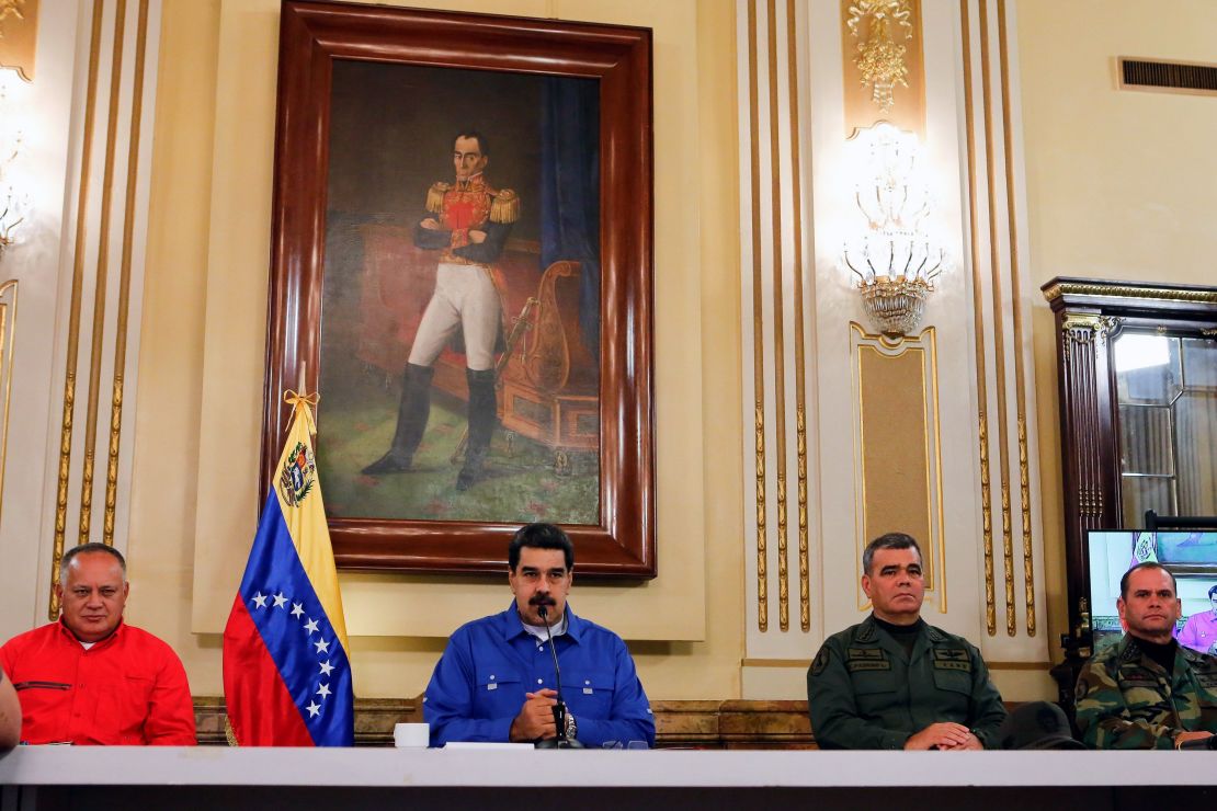 Venezuelan President Nicolas Maduro gives an address transmitted on radio and television from Caracas, Venezuela.