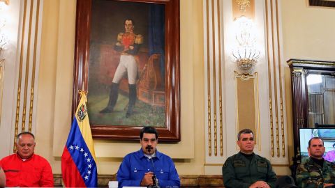 Venezuelan President Nicolas Maduro gives an address transmitted on radio and television from Caracas, Venezuela.
