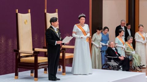 In this handout image provided by Imperial Household Agency, New Japanese Emperor Naruhito delivers his first speech after ascending the throne during the enthronement ceremony at the Imperial Palace on May 1, 2019 in Tokyo, Japan.