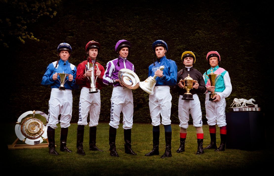 Six of the best jockeys in UK Flat racing line up with the trophies from the British Champions Series.