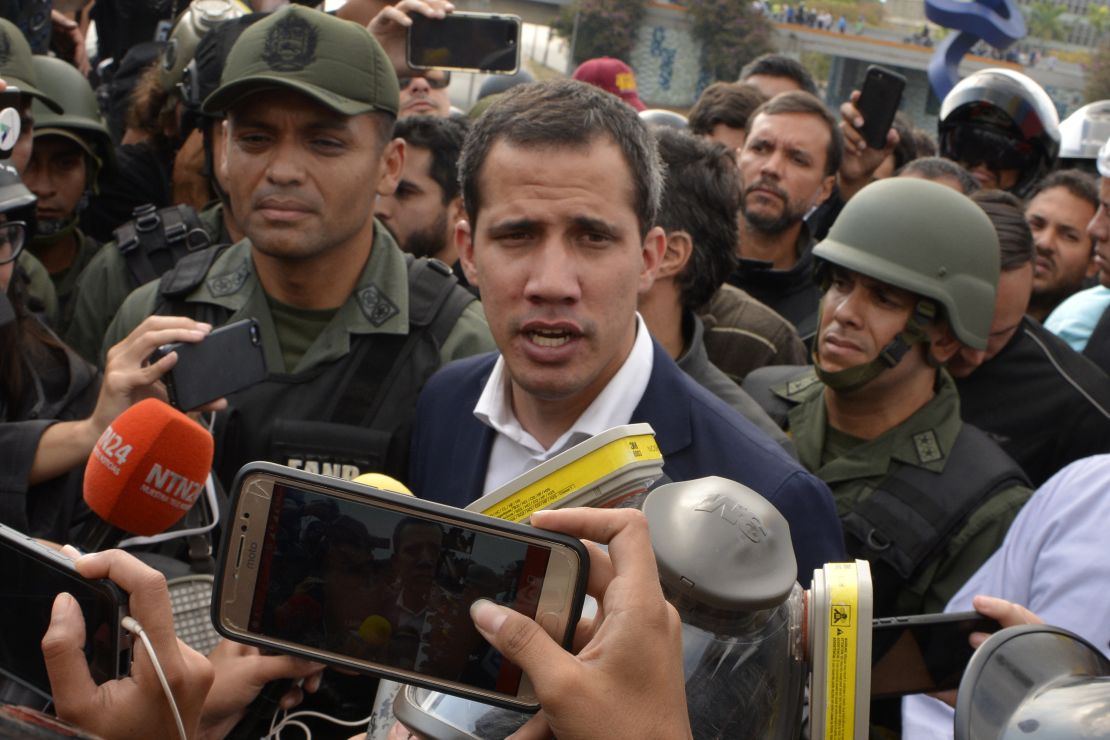 Surrounded by soldiers, Guaidó called for a military uprising against Maduro outside the airforce base La Carlota on April 30.