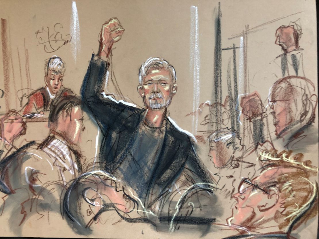 An artist's impression of Julian Assange in court on Wednesday during a sentencing hearing over breaching UK bail conditions in 2012. 