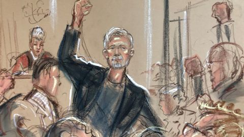 An artist's impression of Julian Assange in court on Wednesday during a sentencing hearing over breaching UK bail conditions in 2012. 