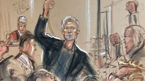 An artist's impression of Julian Assange in court on Wednesday during a sentencing hearing over breaching UK bail conditions in 2012.