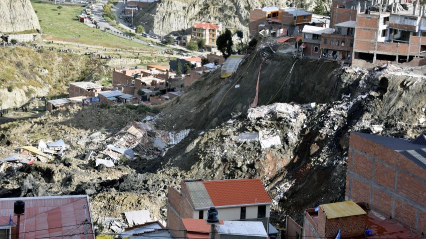 View of damages following a landslide caused by heavy rains, which left 45 houses affecting some 63 families in the outskirts of La Paz on April 30, 2019. (Photo by AIZAR RALDES / AFP)        (Photo credit should read AIZAR RALDES/AFP/Getty Images)
