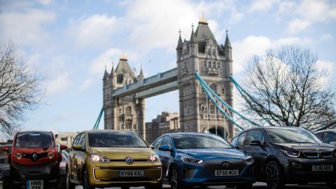 The Committee on Climate Change recommends the UK phase out petrol and diesel cars completely by 2035. 

Pictured: Hybrid and electric cars in London, February 23, 2017.