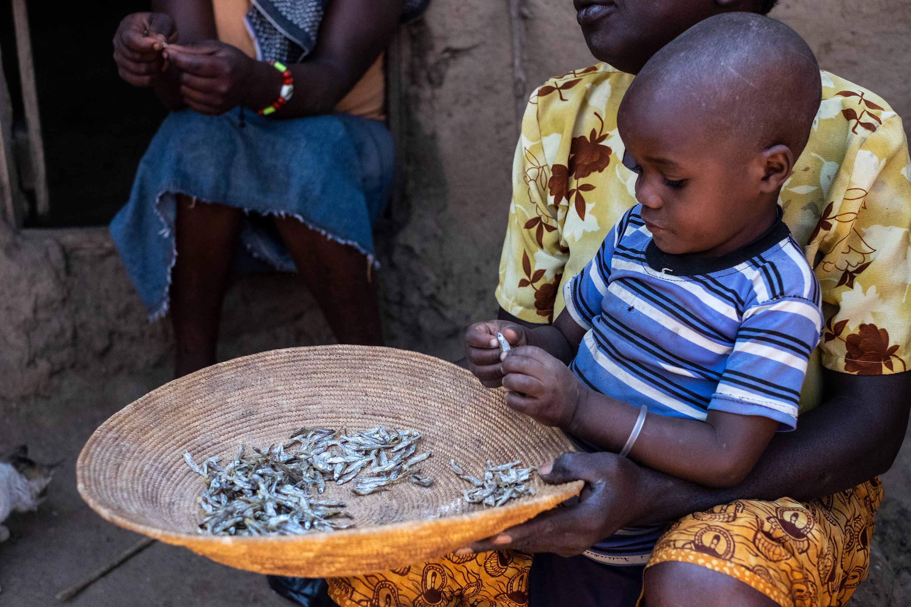 Christina Wambura, 64, and her son parsing dried fish in their backyard.