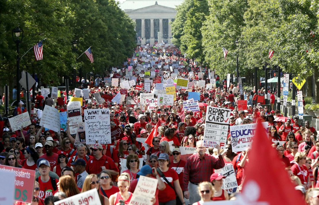 Thousands of North Carolina teachers and other school employees march in Raleigh on Wednesday. 