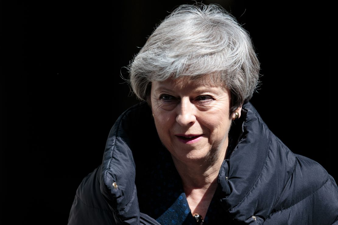 British Prime Minister Theresa May leaves Number 10 Downing Street for Prime Minister's Questions in Parliament on May 1.