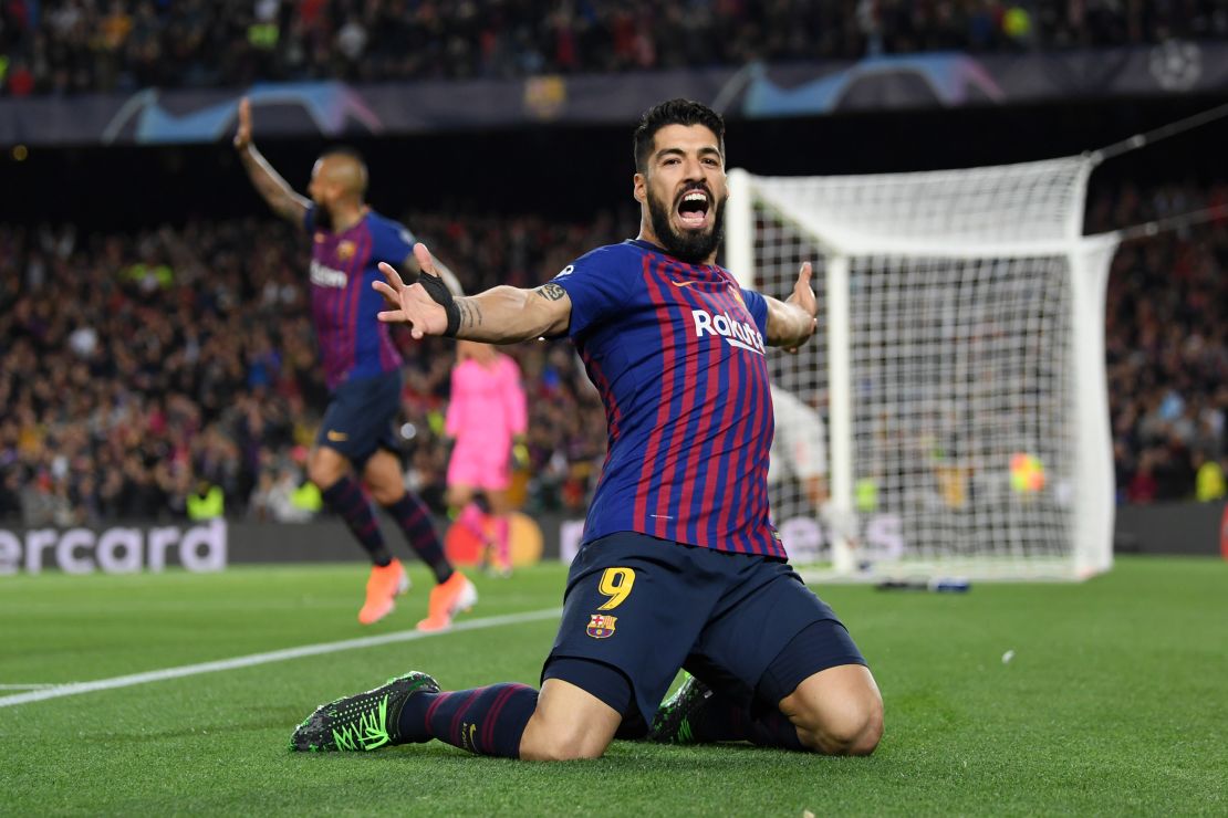 Suarez celebrates his first Champions League goal of the season.