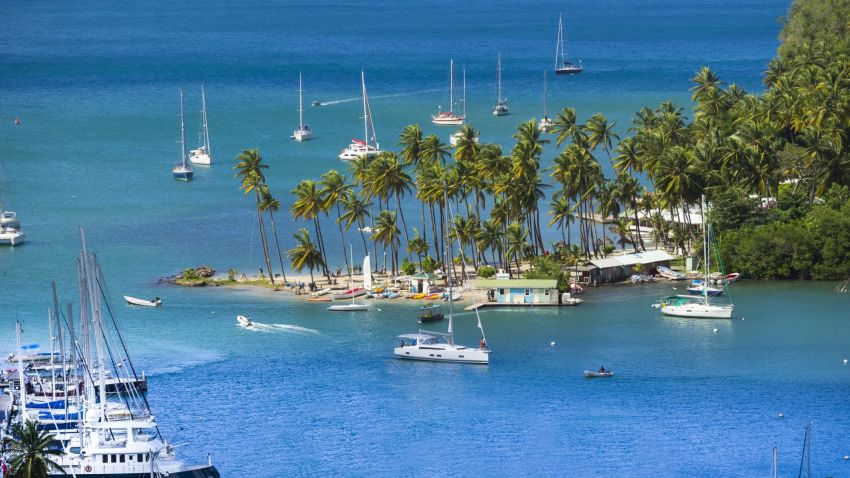 View of Marigot Bay with yachts, Castries, St. Lucia island, Lesser Antilles, Windward Islands, St. Lucia
