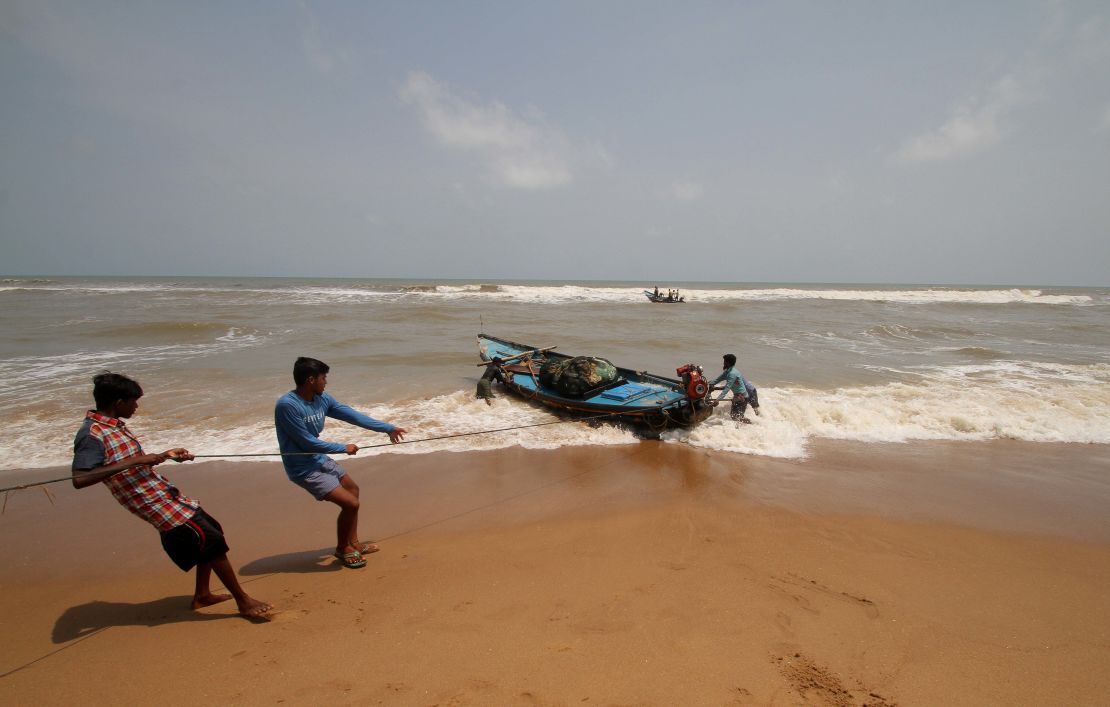 Fishing boats at Konark Beach prepare this week for Tropical Cyclone Fani in eastern India's Odisha. 