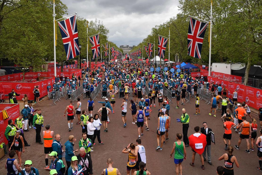 Athletes recover after running the 2019 London Marathon last month.