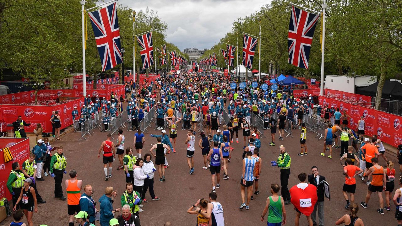 Athletes recover after running the 2019 London Marathon last month.