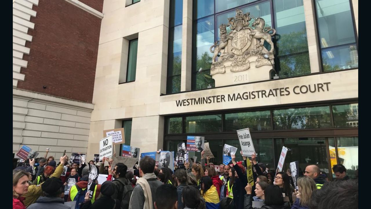 Supporters outside Westminster Magistrates' Court on Thursday during a hearing into the US extradition request of WikiLeaks' founder Julian Assange. 