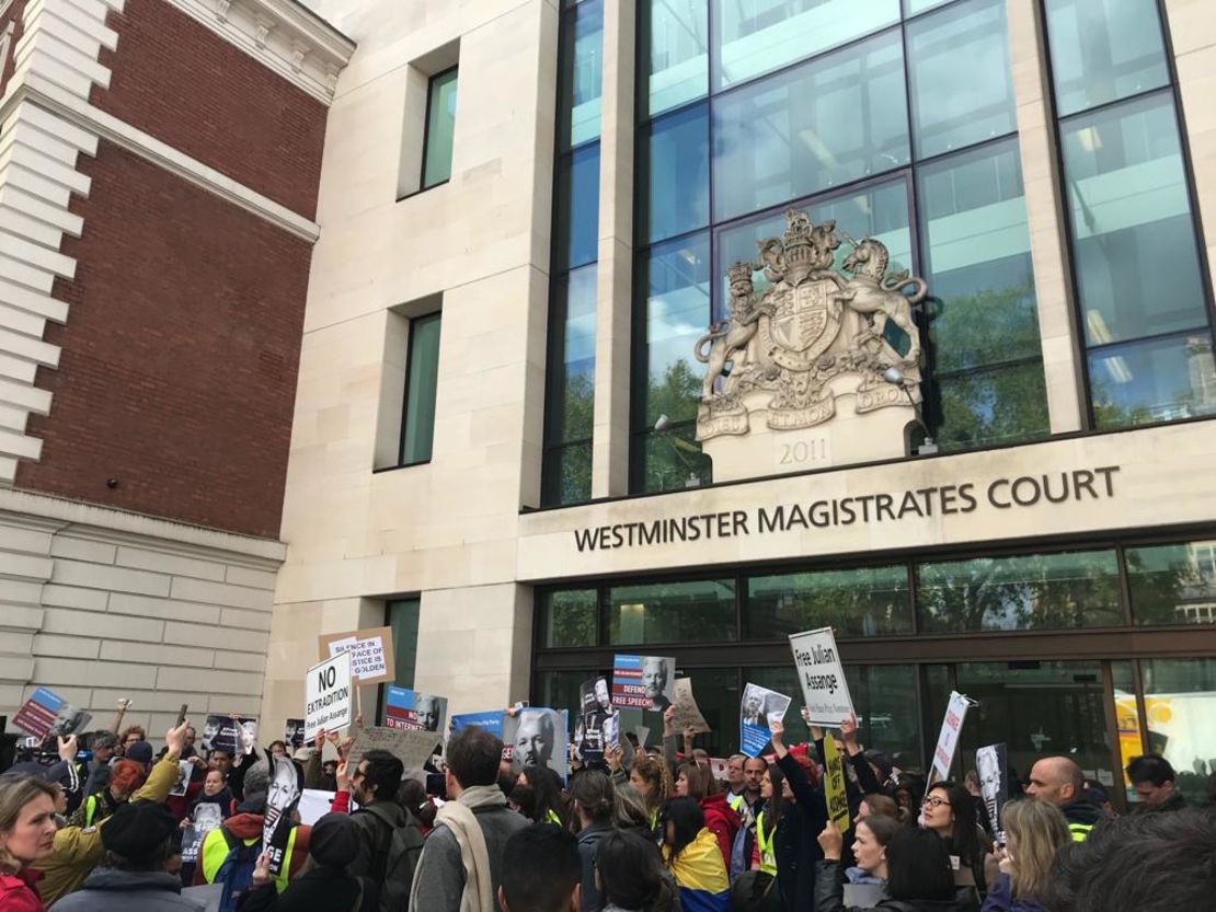 Supporters outside Westminster Magistrates' Court on Thursday during a hearing into the US extradition request of WikiLeaks' founder Julian Assange. 