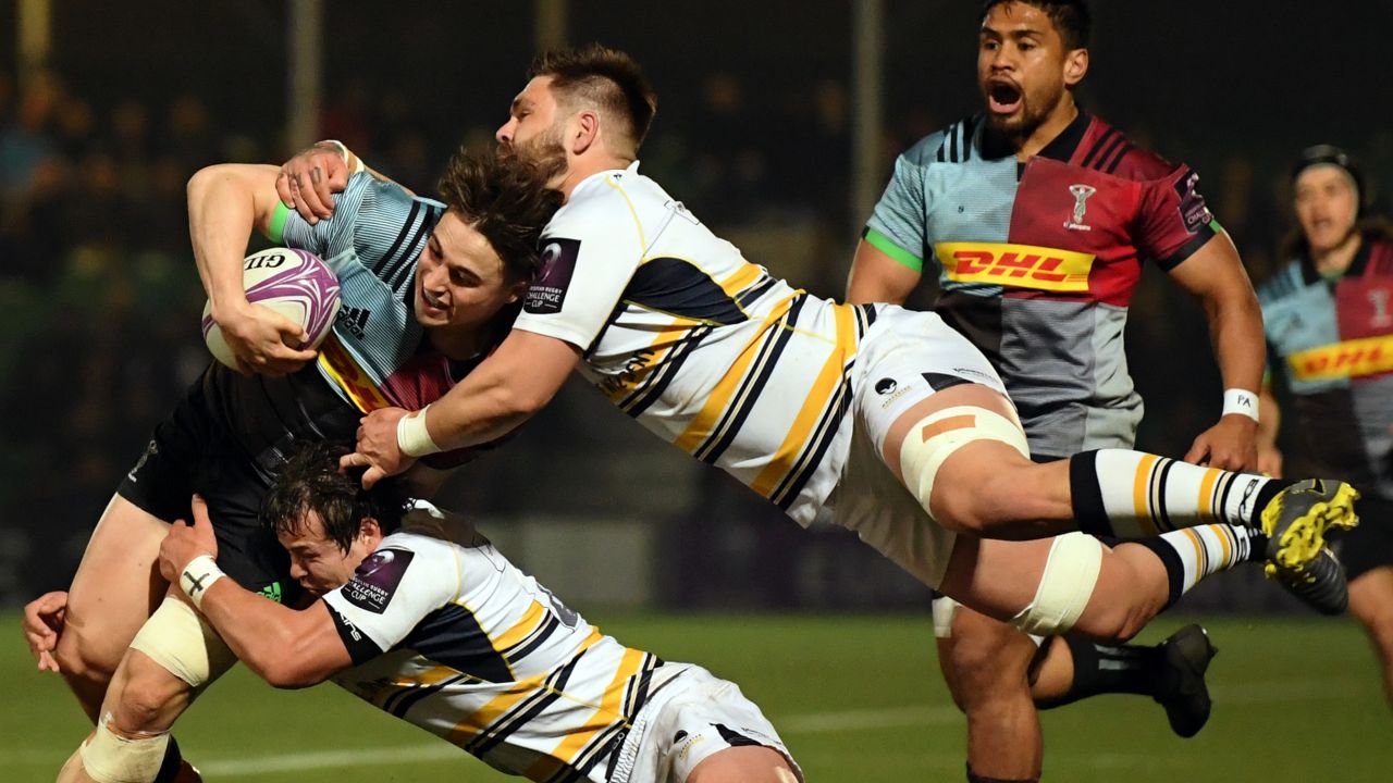 Du Preez flies into a tackle against Harlequins.