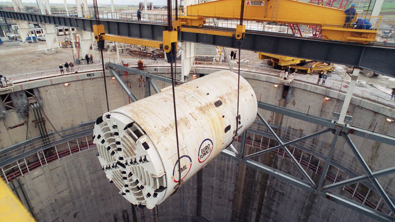 One of the tunnel's boring machines hangs over a tunnel entrance on the French side of the Channel in 1988. 