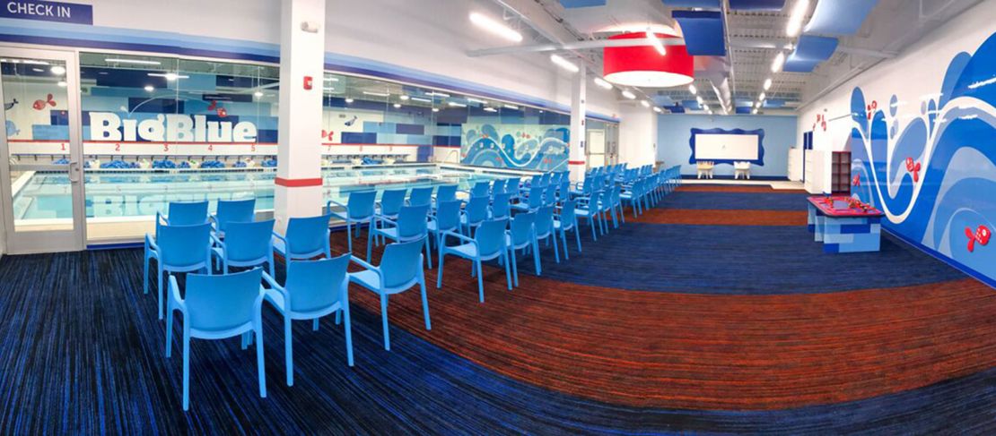 Big Blue Swim School facilities feature pools with water temperature set to 90 degrees, anti-microbial carpeting and an air-conditioned viewing area for parents with free W-Fi.