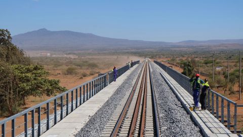The Chinese-built railway line stretches from Mombasa to Nairobi. Pictured is an unopened section of line near Naivasha.