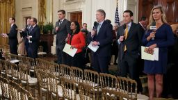 White House television correspondents report after U.S. President Donald Trump gave a press conference a day after the midterm elections on November 7, 2018 in the East Room of the White House in Washington, DC. Republicans kept the Senate majority but lost control of the House to the Democrats. 