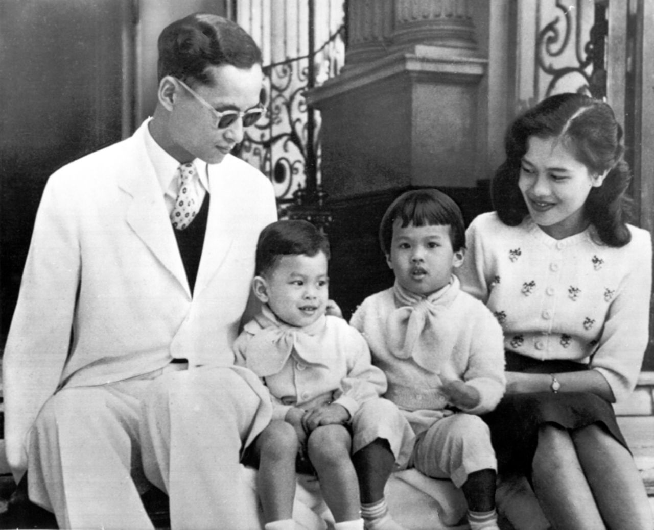 The royal family of Thailand sits on the steps of Bangkok's Chitralda Palace in 1955. King Bhumibol Adulyadej and Queen Sirikit are pictured with their children. Crown Prince Vajiralongkorn is on the left, next to Princess Ubol Ratana.
