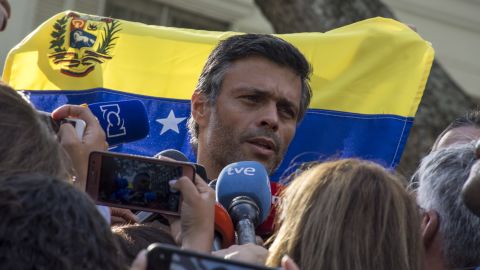 Opposition Leader Leopoldo Lopez speaks to the media at the gate of the Spanish ambassador's residence on May 2, 2019, in Caracas, Venezuela.