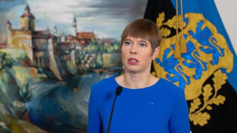Estonia's President Kersti Kaljulaid addresses the press on April 5, 2019 at the Presidential Palace in Tallinn.