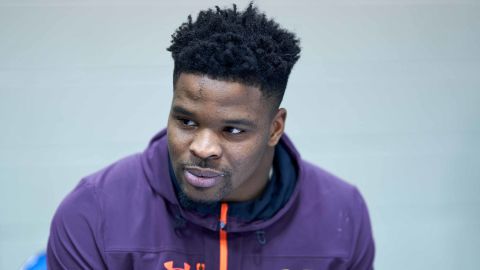 Linebacker Dre Greenlaw answers questions from the media during the NFL combine on March 2 in Indianapolis.