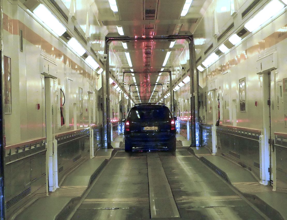 Eurotunnel trains carry cars and their passengers through the tunnel.