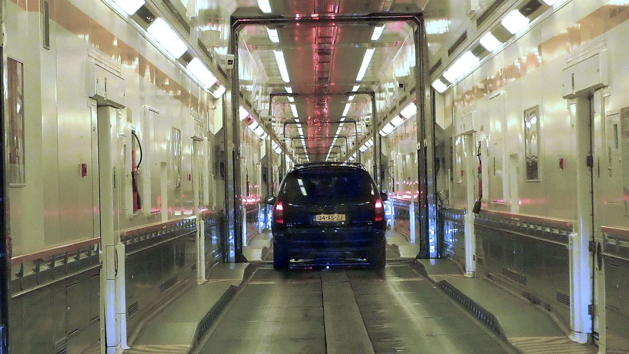 Eurotunnel trains carry cars and their passengers through the tunnel.